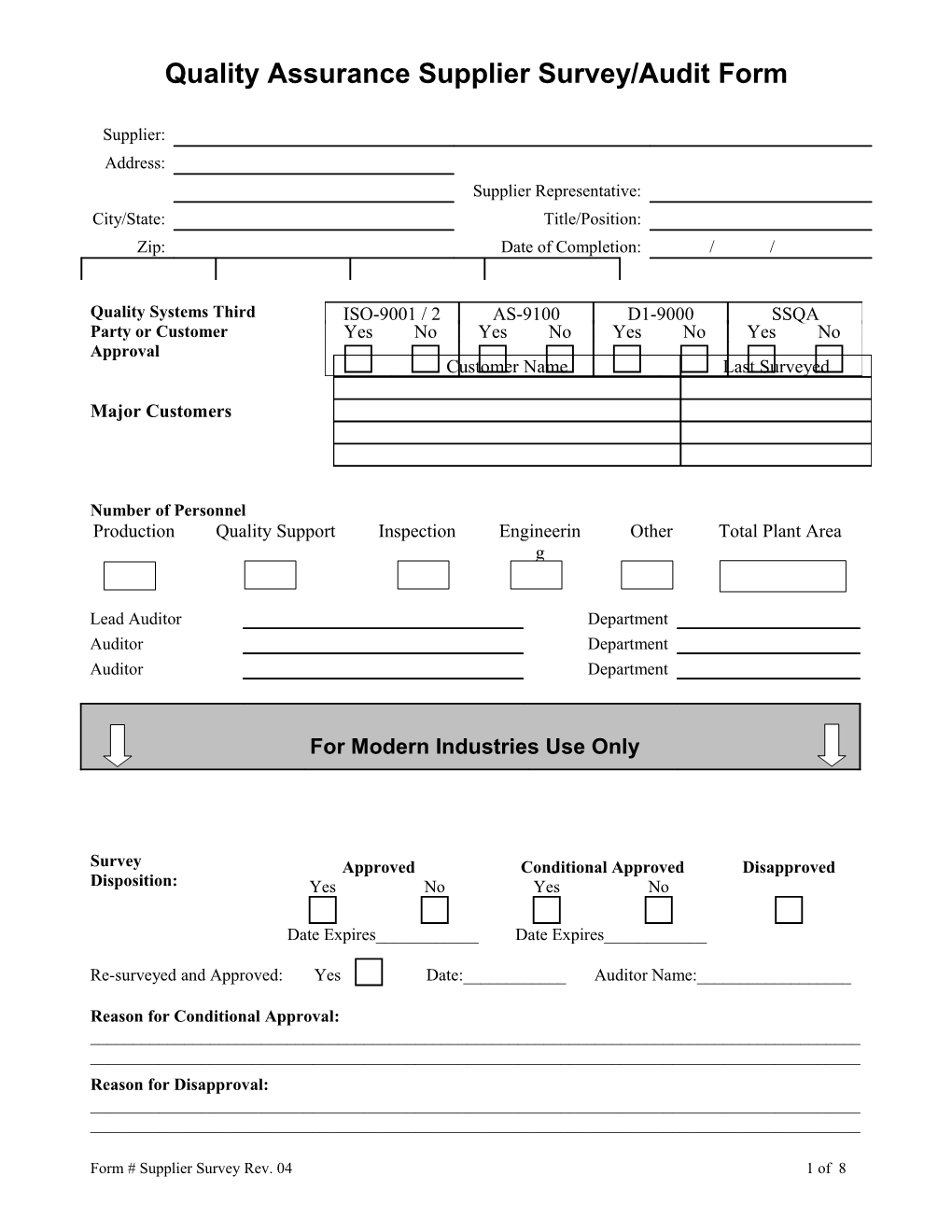 Quality Assurance Supplier Survey/Audit Form