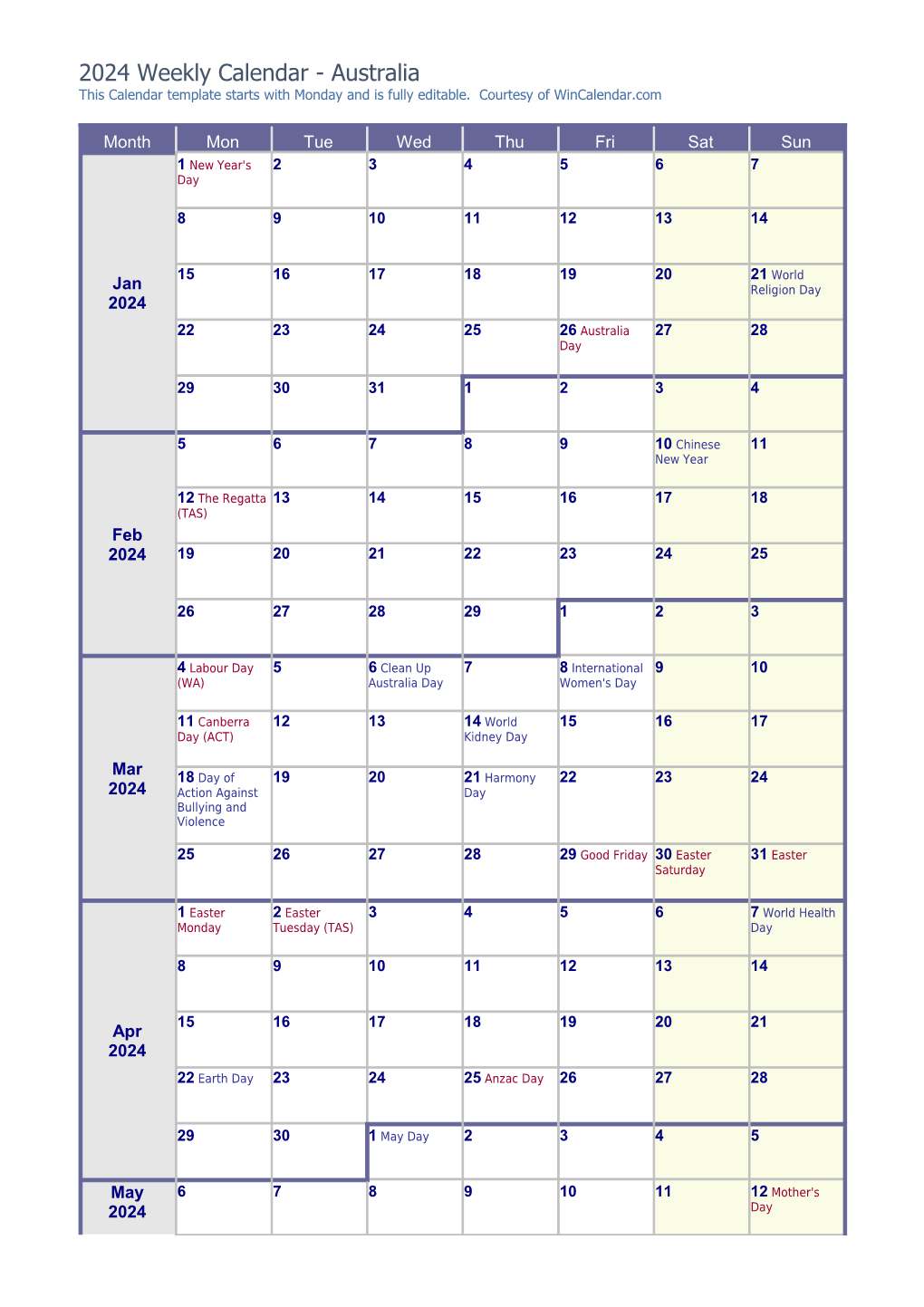 2024 Calendar with Holidays from Wincalendar.Com