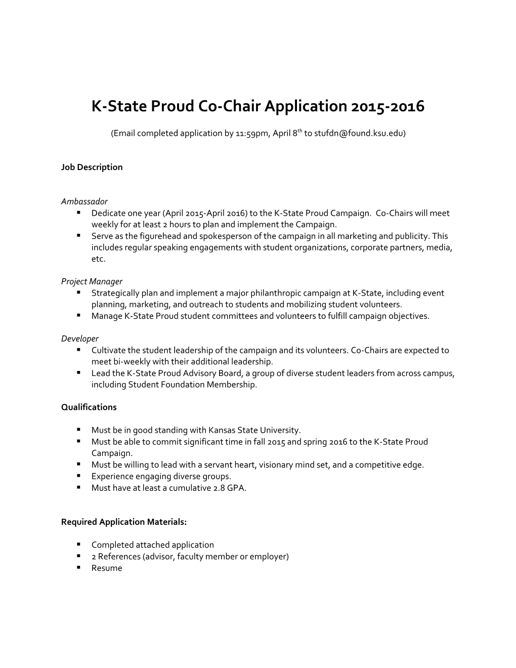 K-State Proud Co-Chair Application 2015-2016