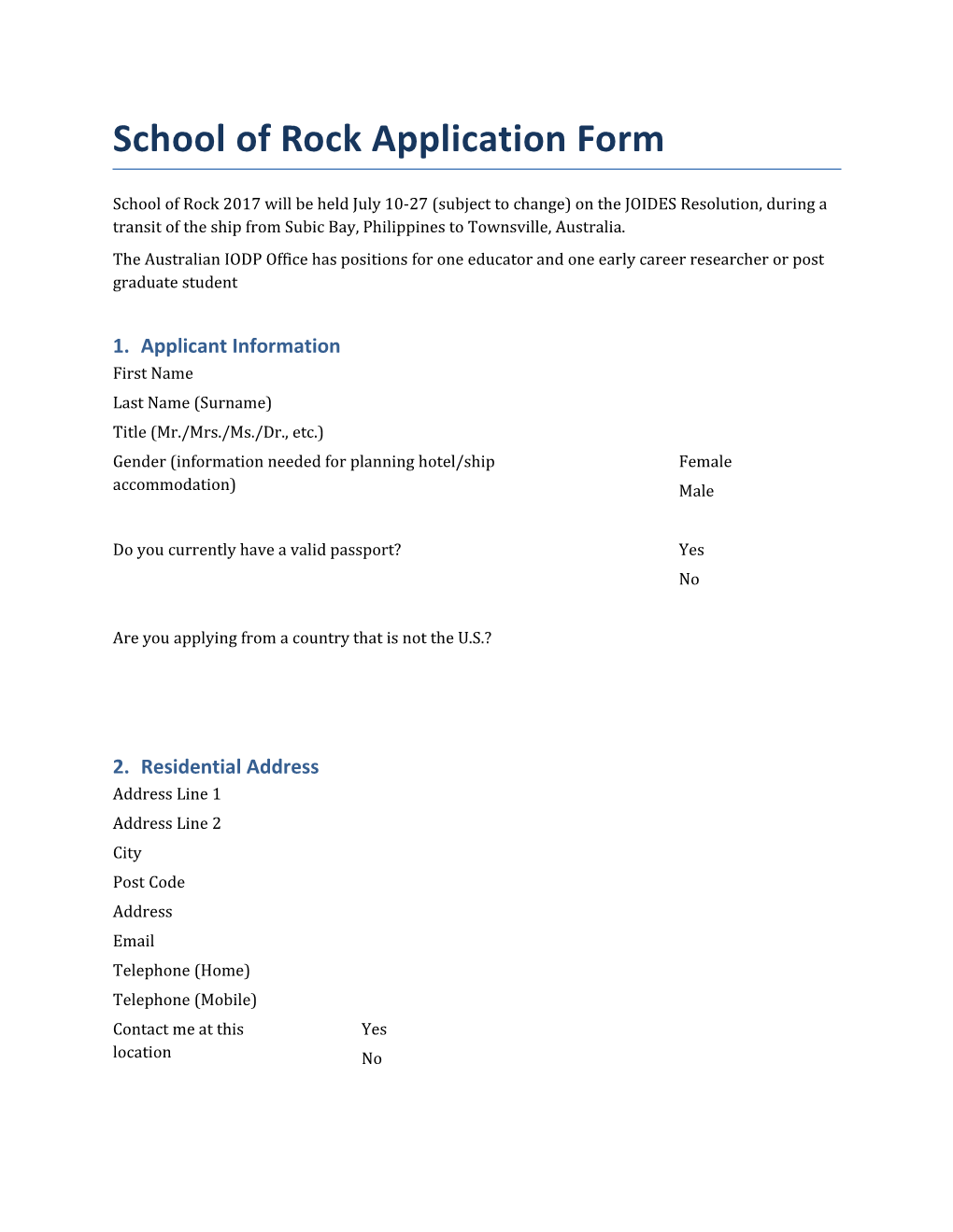 School of Rock Application Form