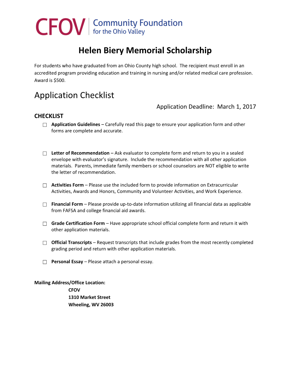 Helen Biery Memorial Scholarship