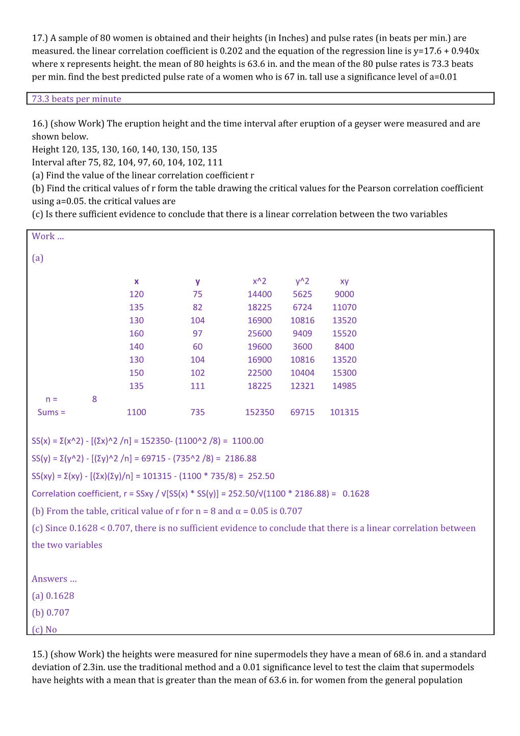 17.) a Sample of 80 Women Is Obtained and Their Heights (In Inches) and Pulse Rates (In