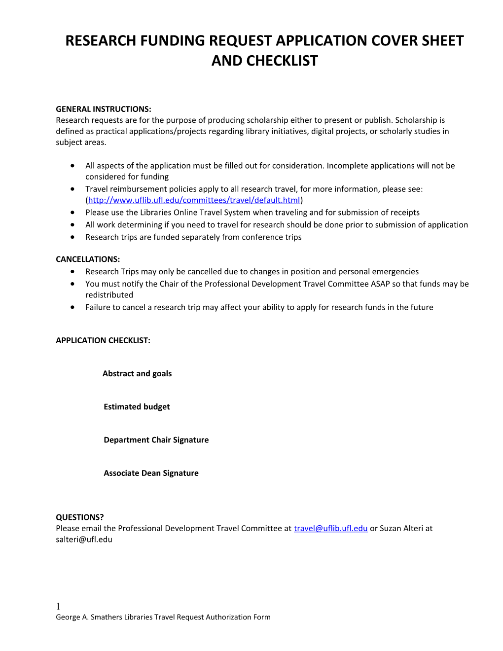 Research Funding Request Application Cover Sheet and Checklist