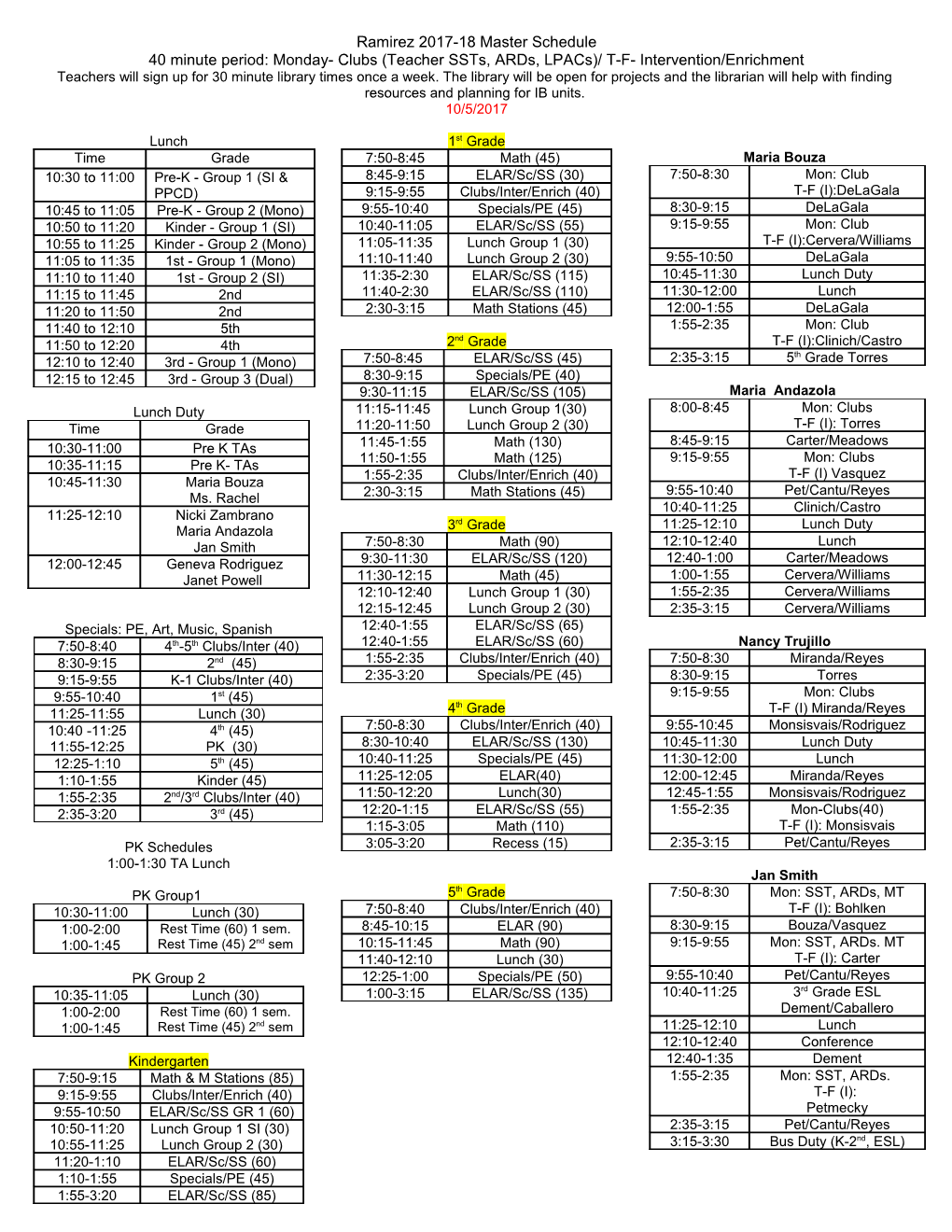 Bozeman 2009-2010 Master Schedule