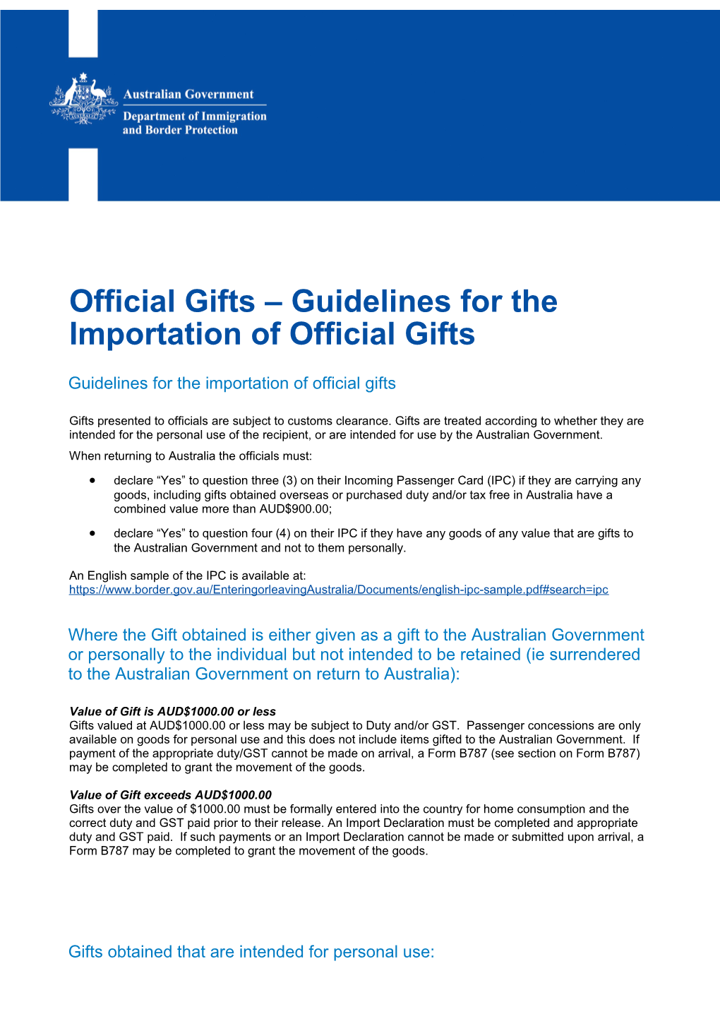 Official Gifts Guidelines for the Importation of Official Gifts