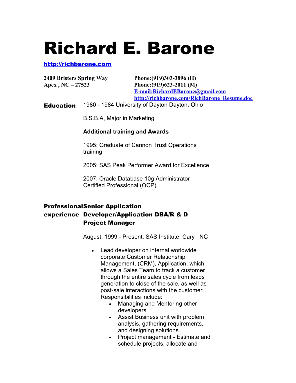 Resume for Rich Barone