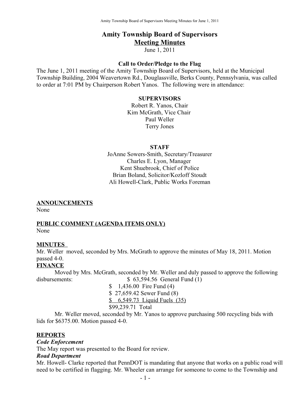 Amity Township Board of Supervisors Meeting Minutes for June 1, 2011