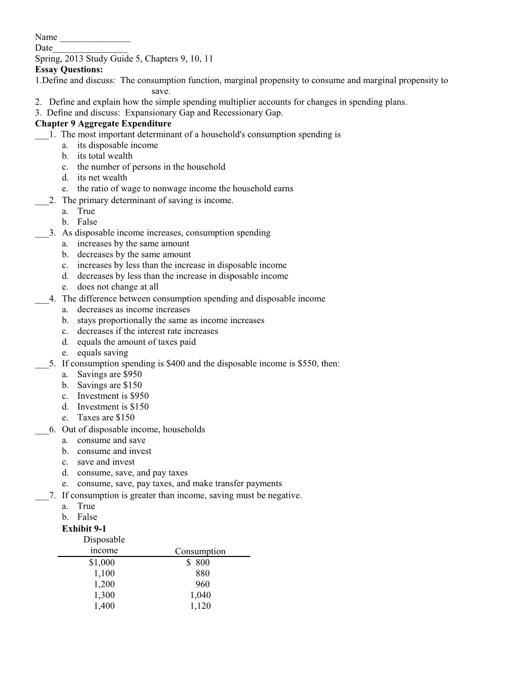 Spring, 2013 Study Guide 5, Chapters 9, 10, 11