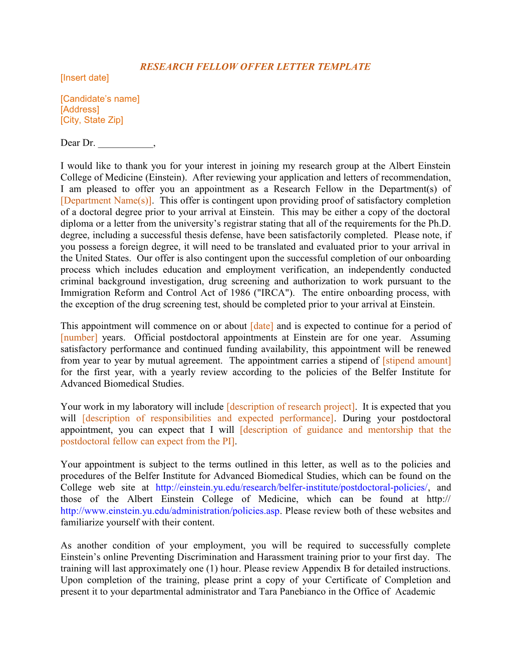 Research Fellow Offer Letter Template