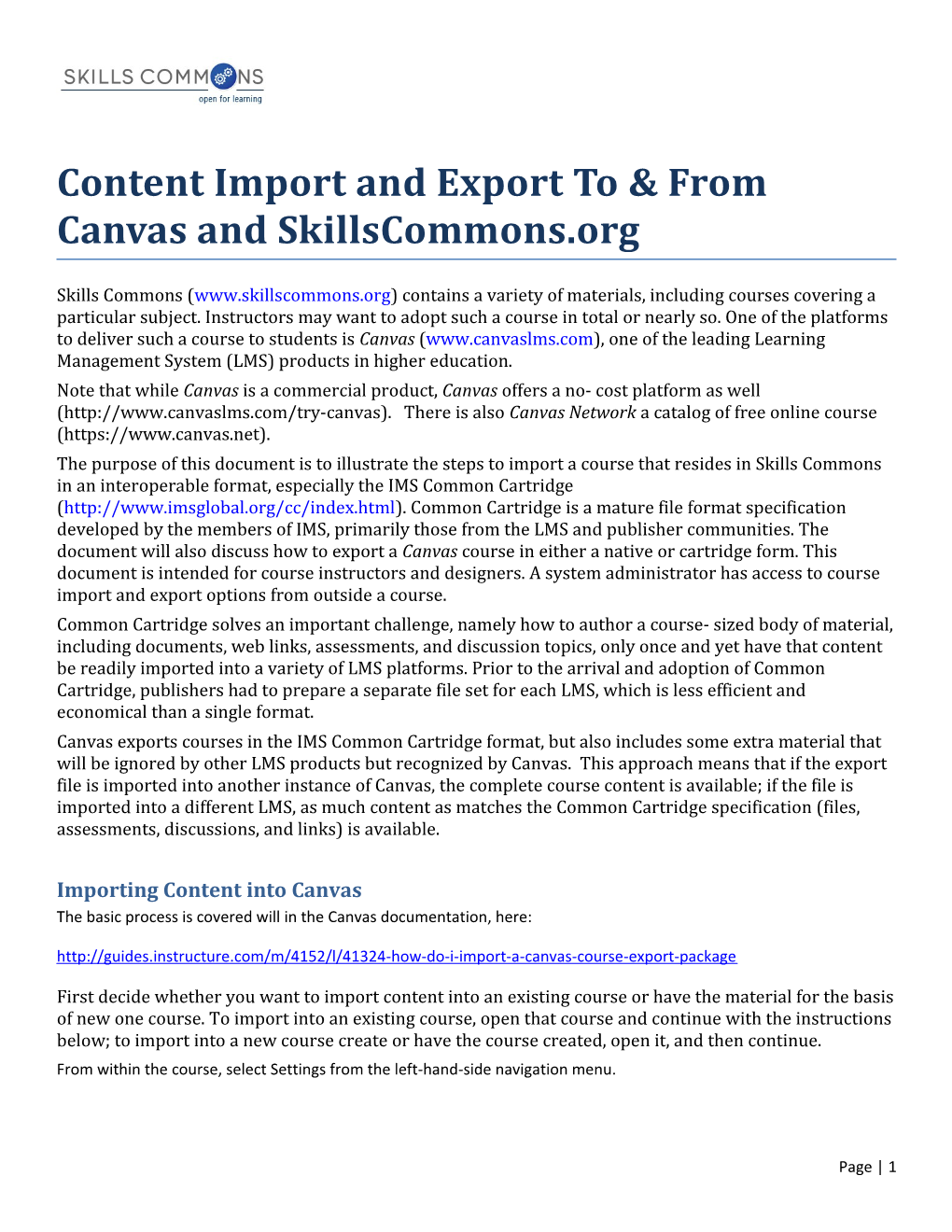 Content Import and Export to & from Canvas and Skillscommons.Org
