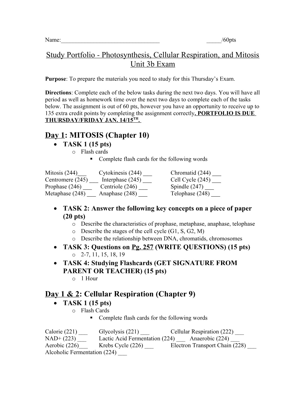 Study Portfolio - Photosynthesis, Cellular Respiration, and Mitosis Unit 3B Exam