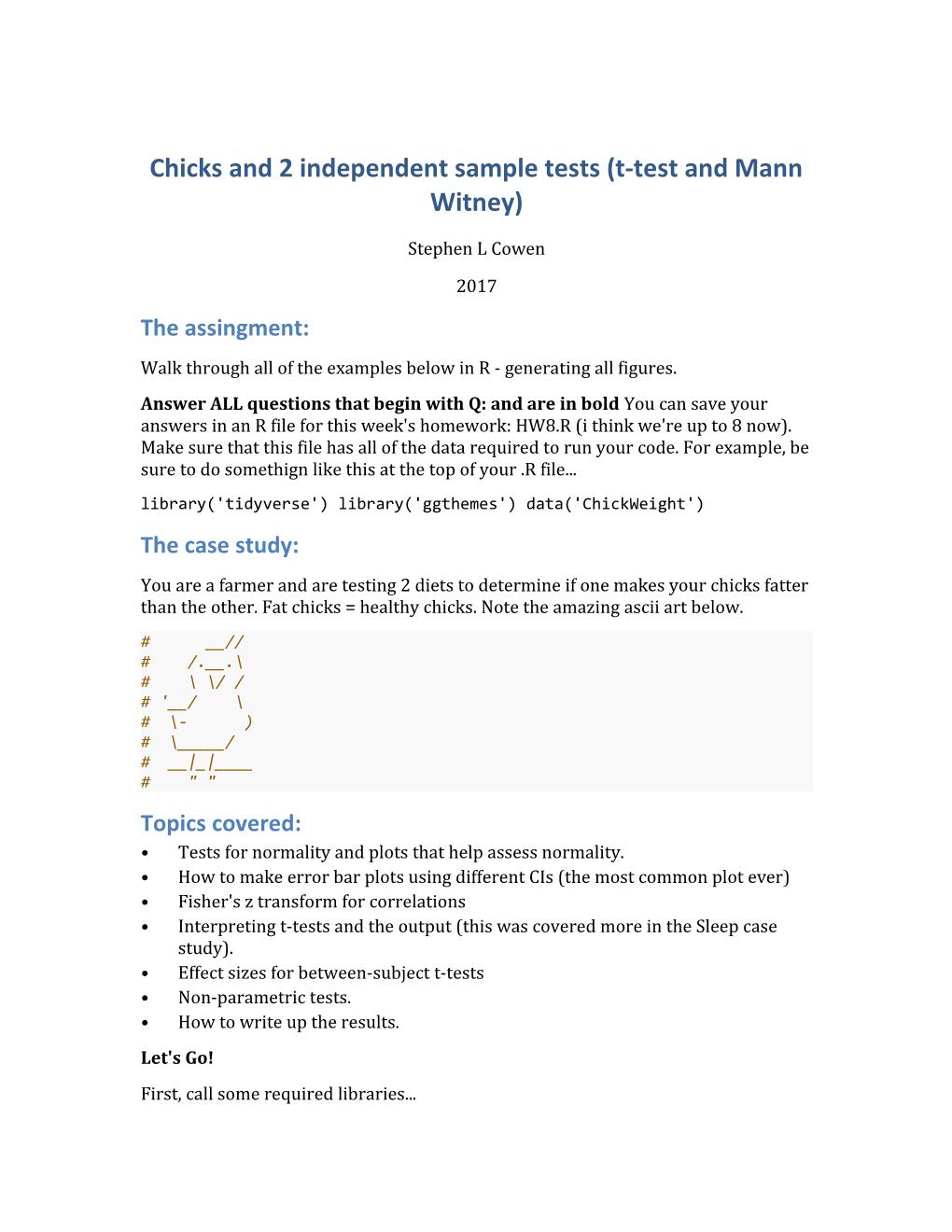 Chicks and 2 Independent Sample Tests (T-Test and Mann Witney)