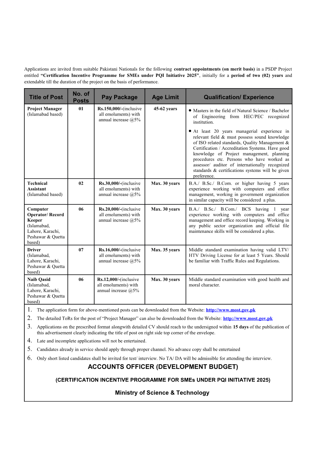 Applications Are Invited from Suitable Pakistani Nationals for the Following Contract