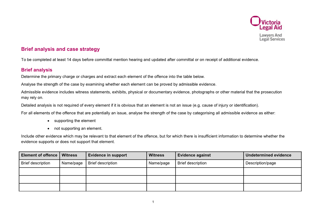 Victoria Legal Aid Quality Tools Brief Analysis and Case Strategy