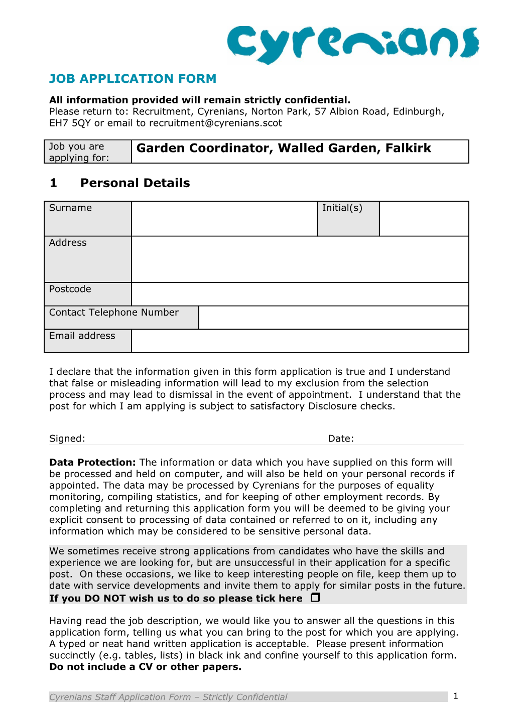 Edinburgh Cyrenians Equal Opportunities Monitoring Form