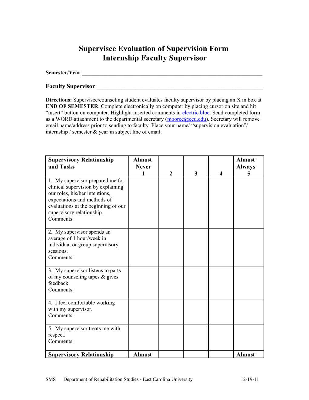 Supervisee Evaluation of Supervision Form