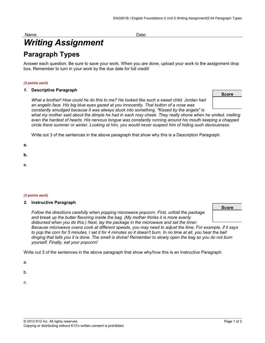 ENG001B English Foundations I Unit 5 Writing Assignment 5.04 Paragraph Types