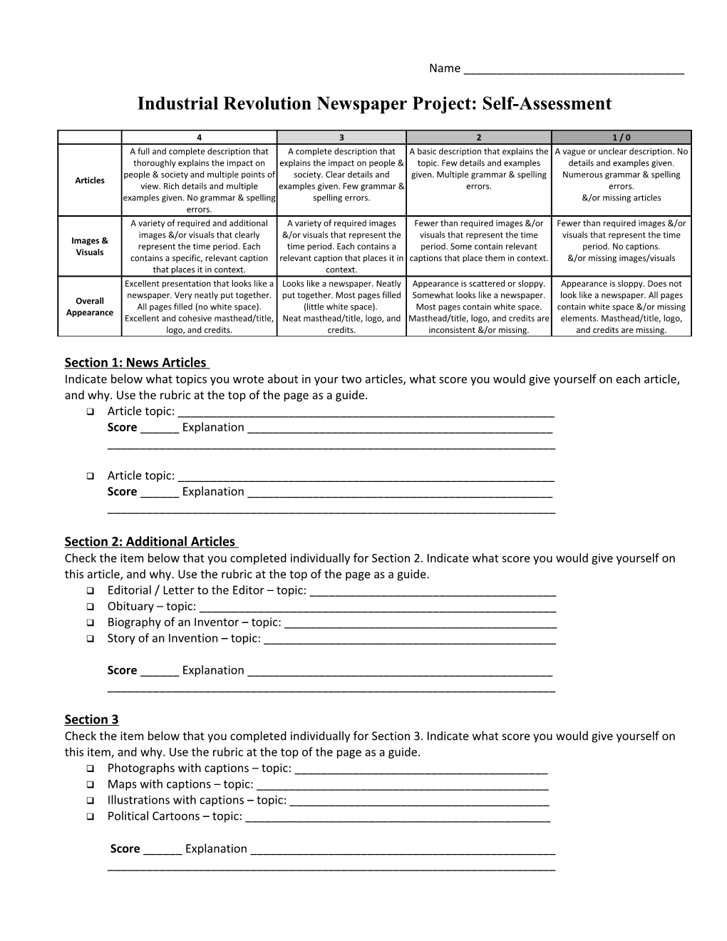 Industrial Revolution Newspaper Project: Self-Assessment