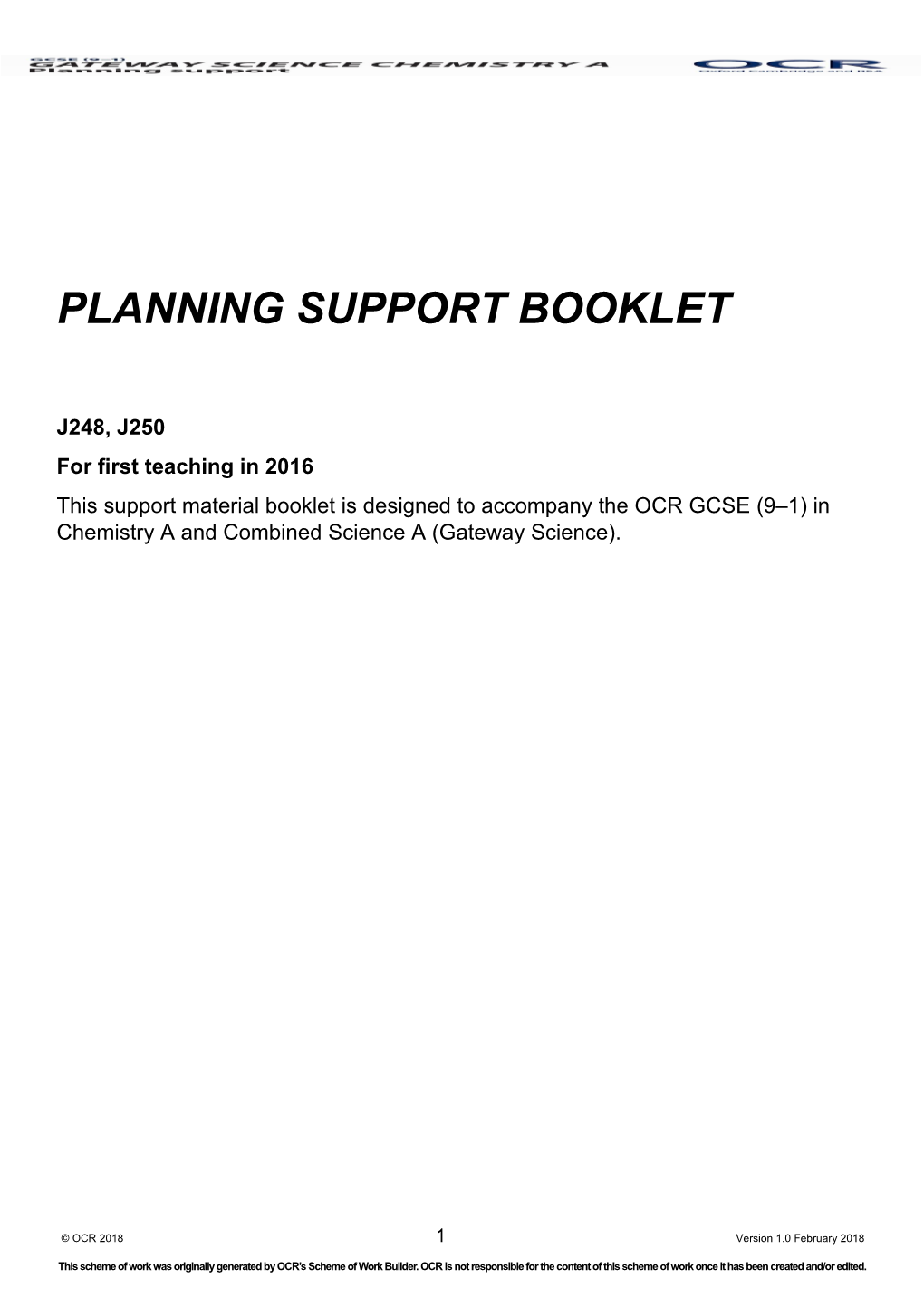 OCR GCSE (9 1) in Chemistry a and Combined Science a (Gateway Science) Support Booklet