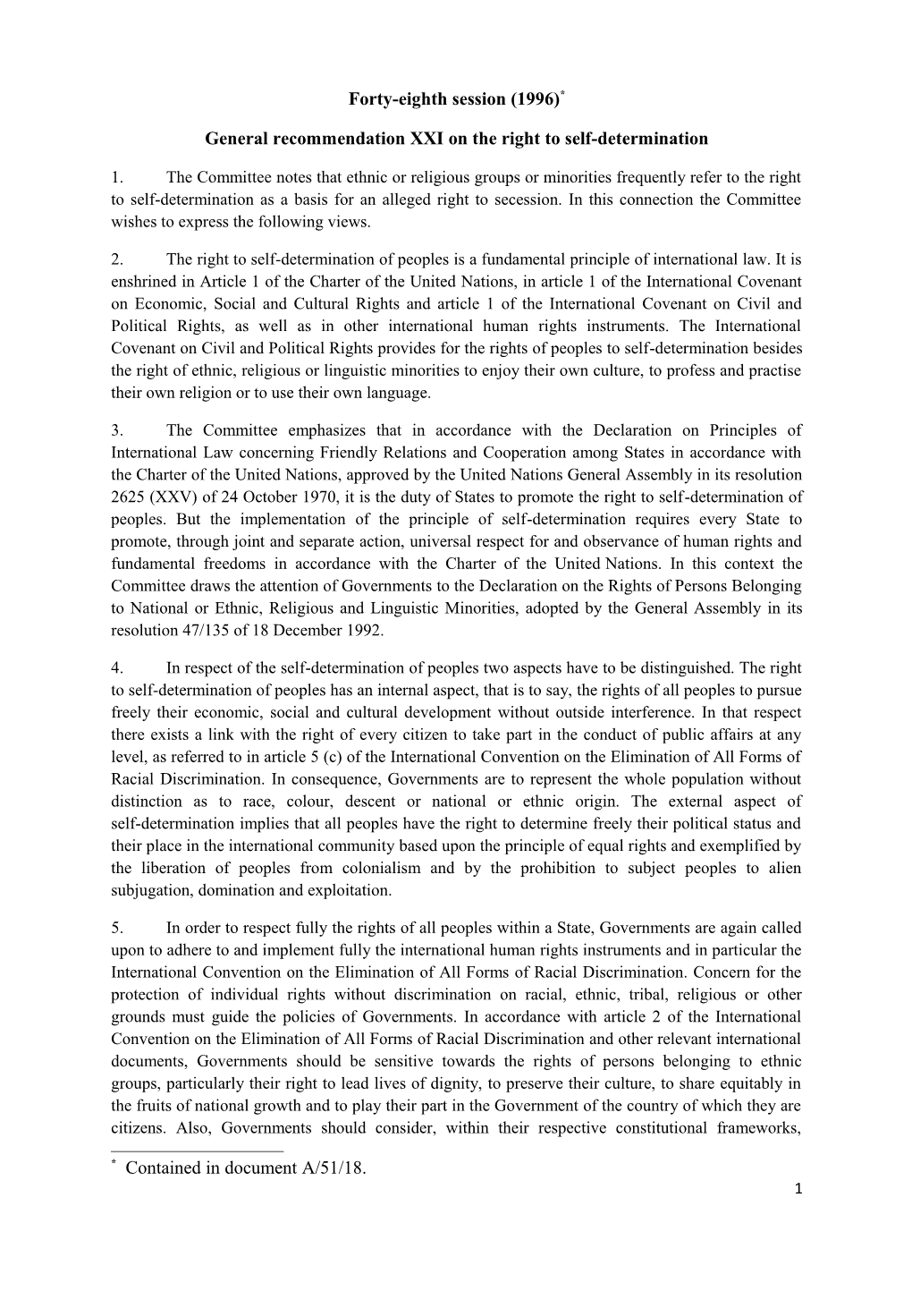 General Recommendation XXI on the Right to Self-Determination