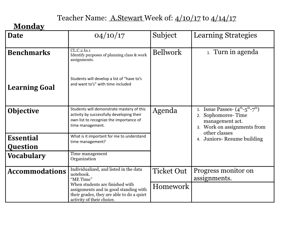 Teacher Name: A.Stewart Week Of: 4/10/17 to 4/14/17