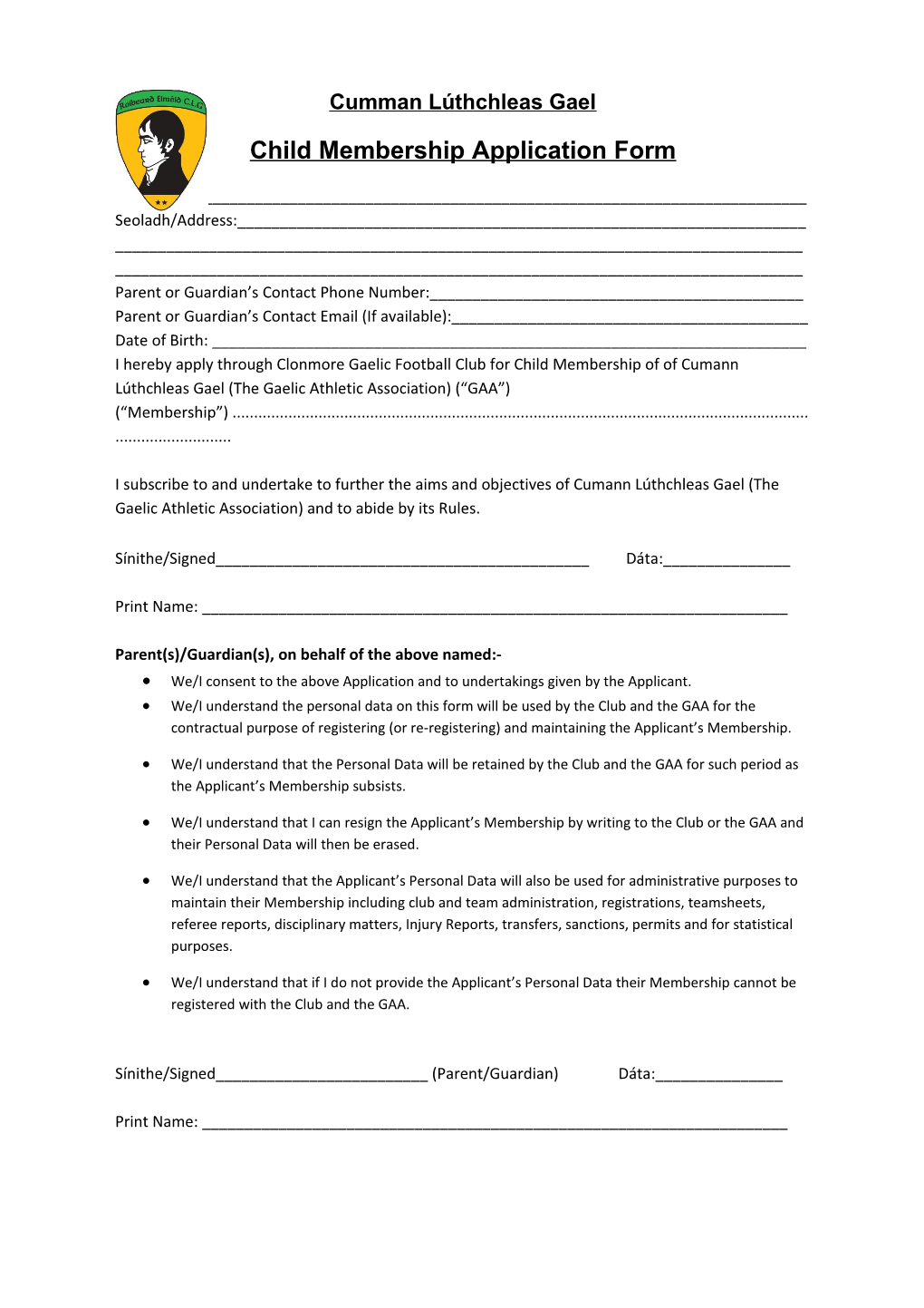 Child Membership Application Form