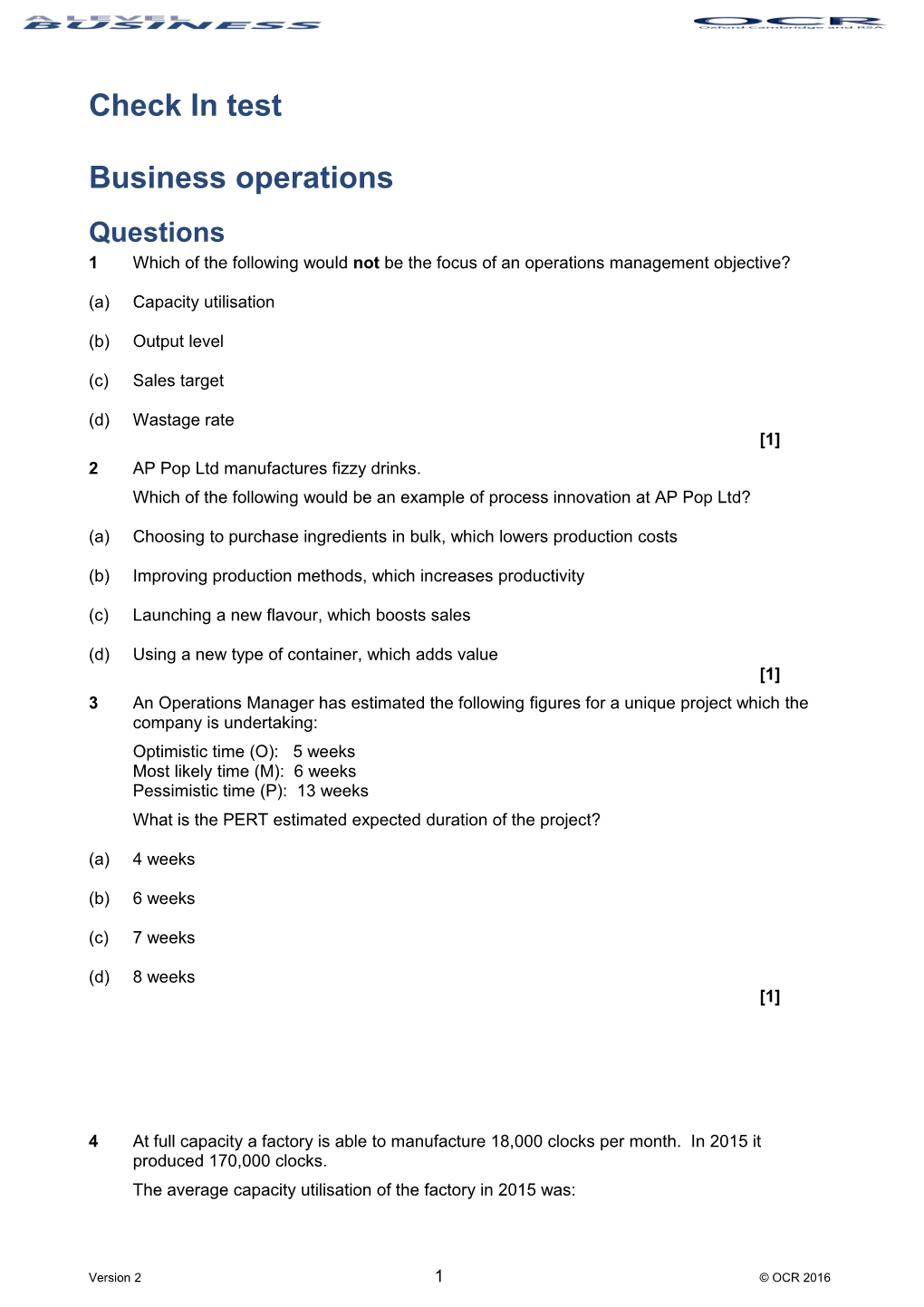 A Level Business Check in Test (Business Operations)