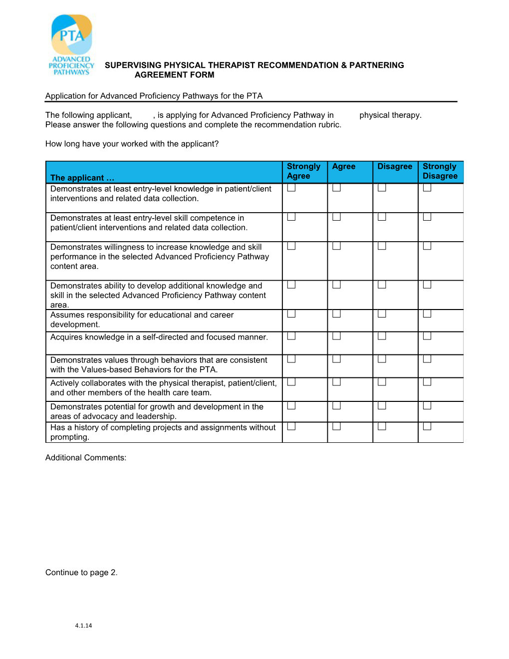 Form D: Supervising Physical Therapist Recommendation