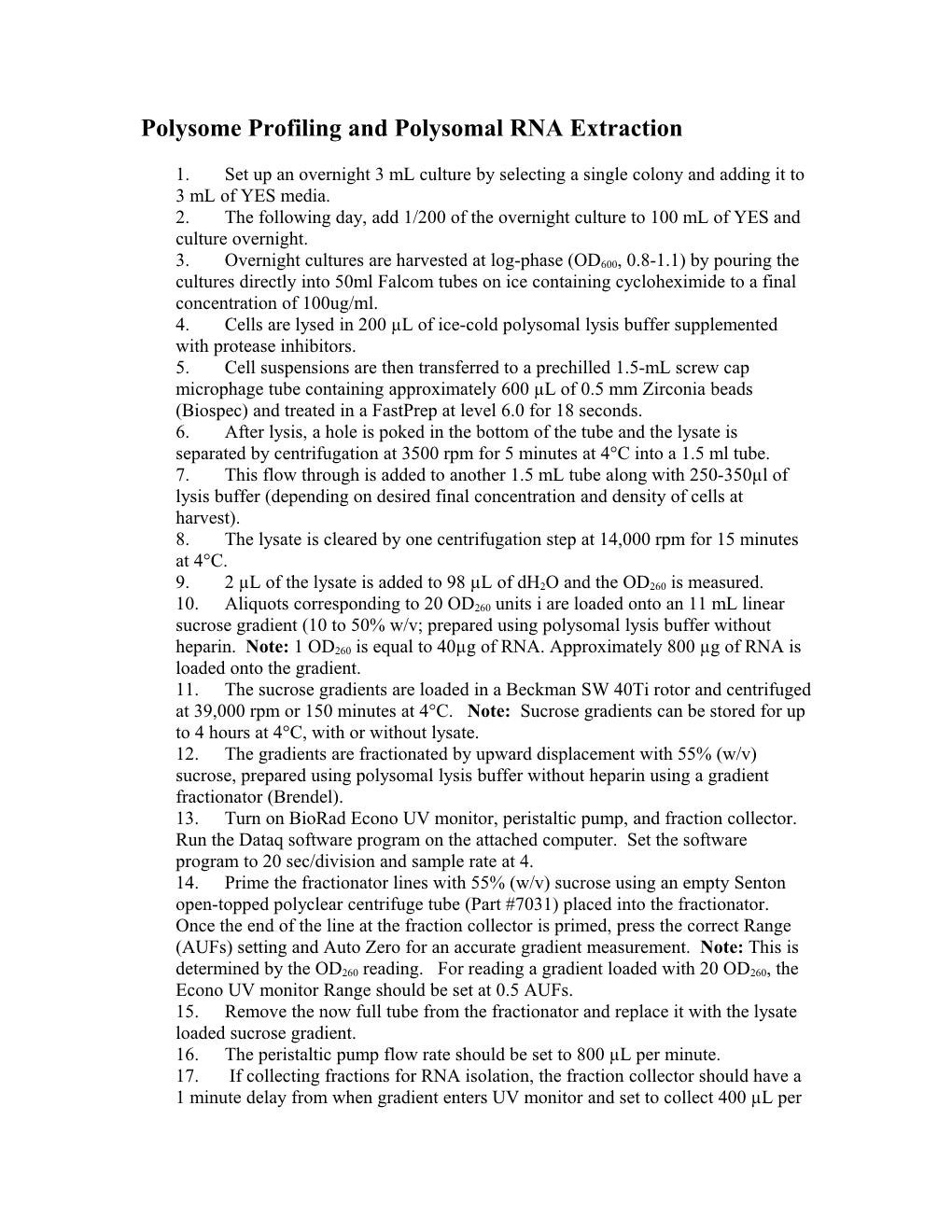 Polysomal Profiling Protocol