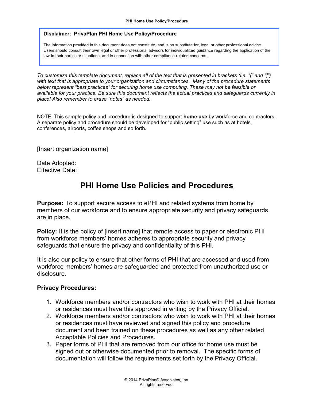 PHI Home Use Policy/Procedure