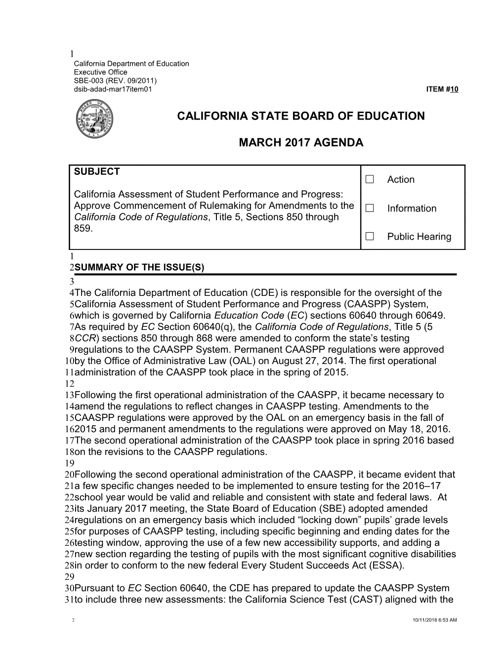 March 2017 Agenda Item 10 - Meeting Agendas (CA State Board of Education)