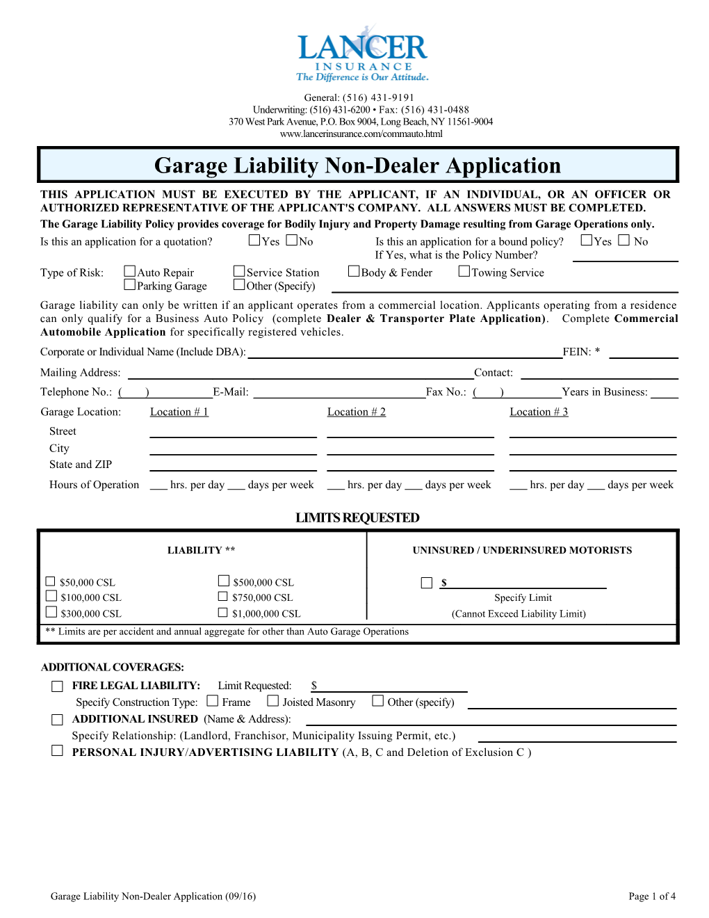 Garage Liability Non-Dealer Application (09/16)Page 1 of 4