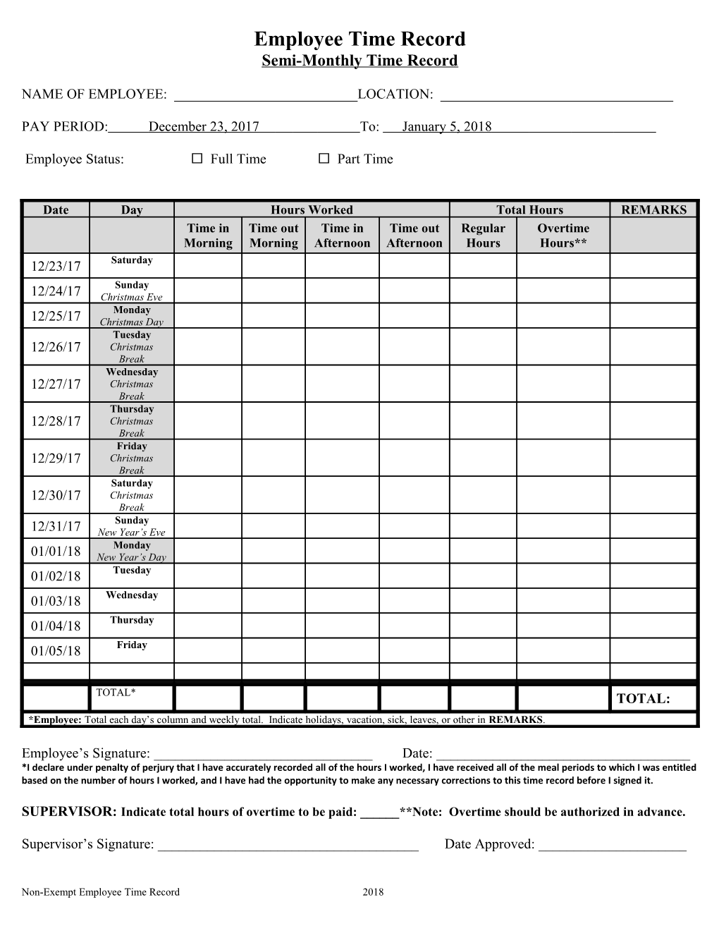 Non-Exempt Employee Time Record