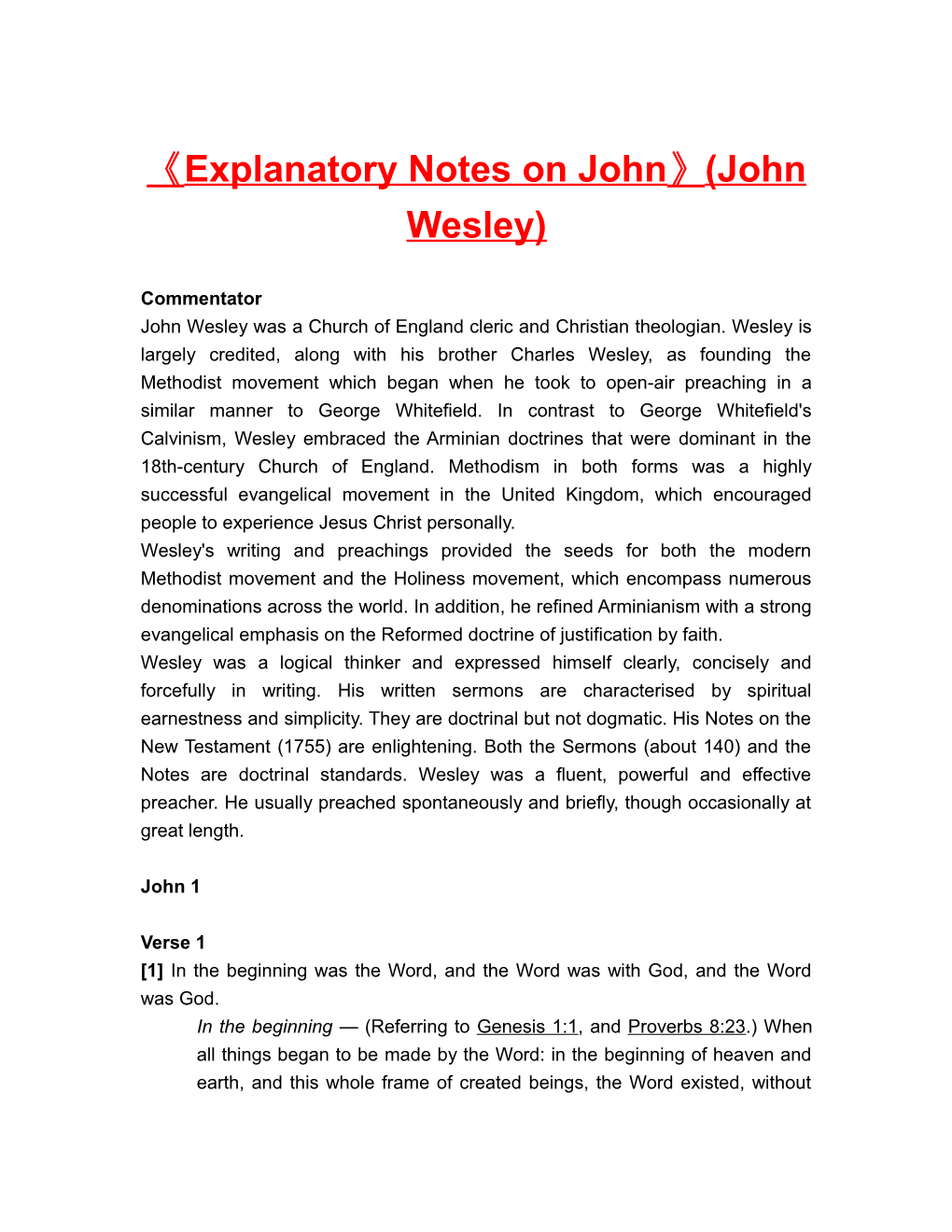 Explanatory Notes on John (John Wesley)