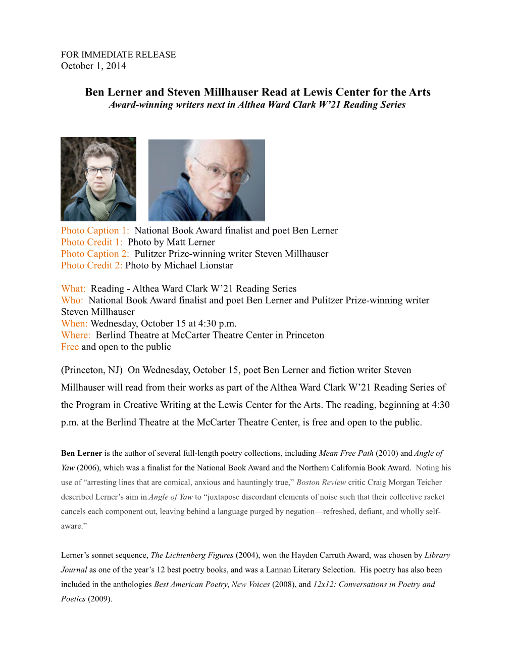 Ben Lerner and Steven Millhauserread at Lewis Center for the Arts