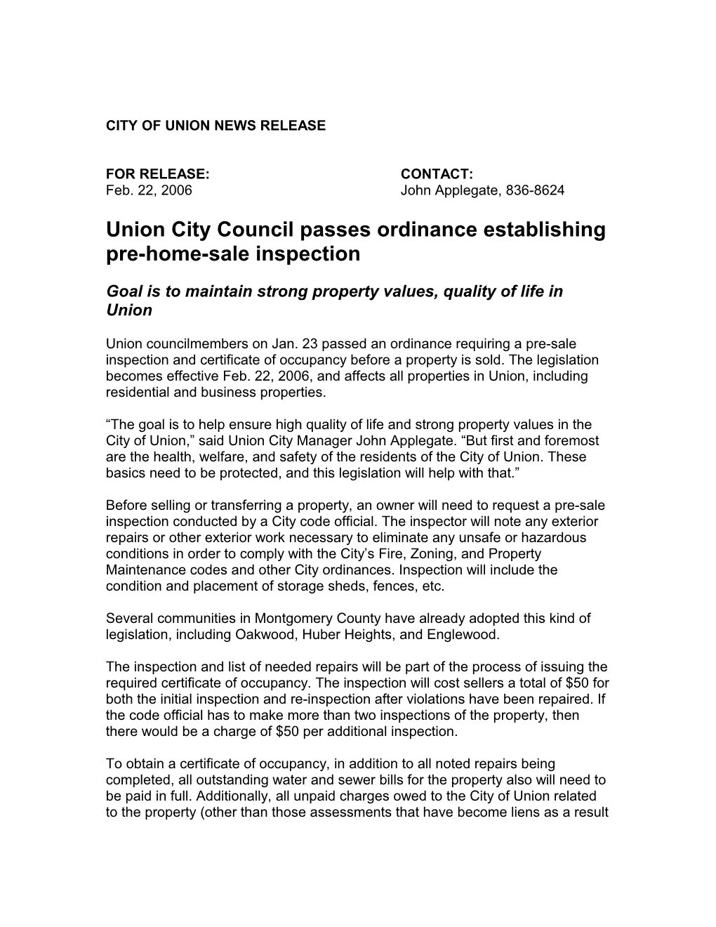 Union City Council Passes Ordinance Establishing