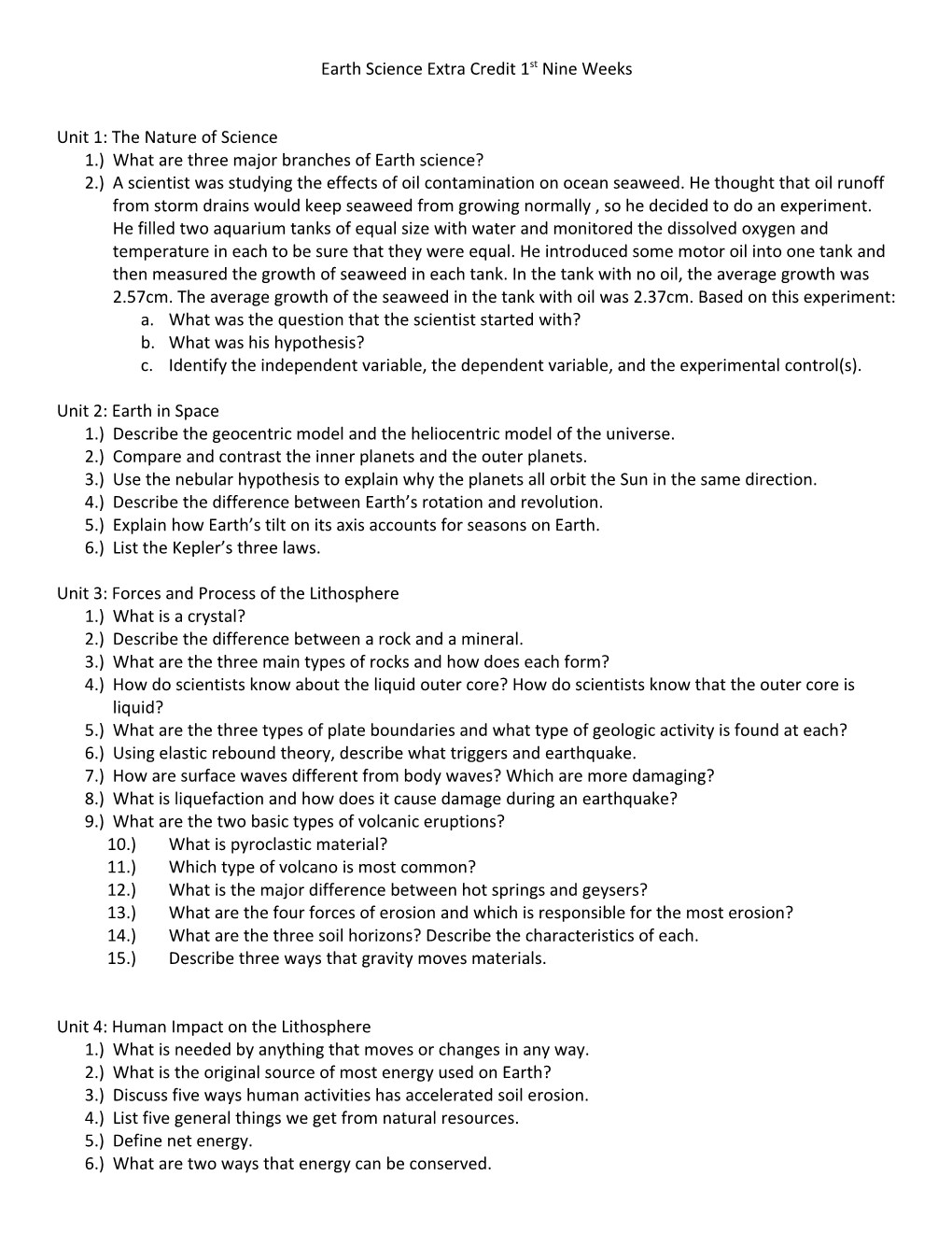 Earth Science Extra Credit 1St Nine Weeks