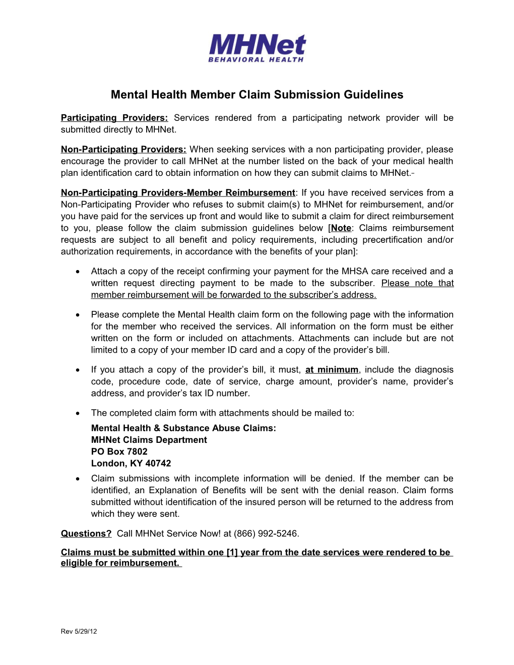 Mhnet Mental Health Claim Submission Guidelines