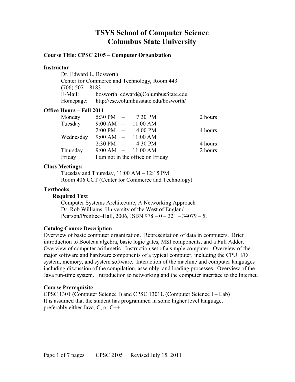 Course Title: CPSC 2105 Computer Organization