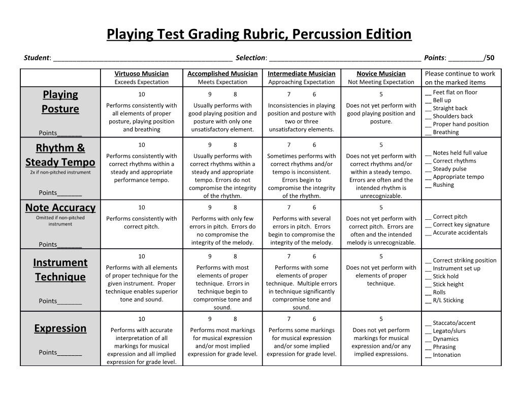 Playing Test Grading Rubric, Percussion Edition