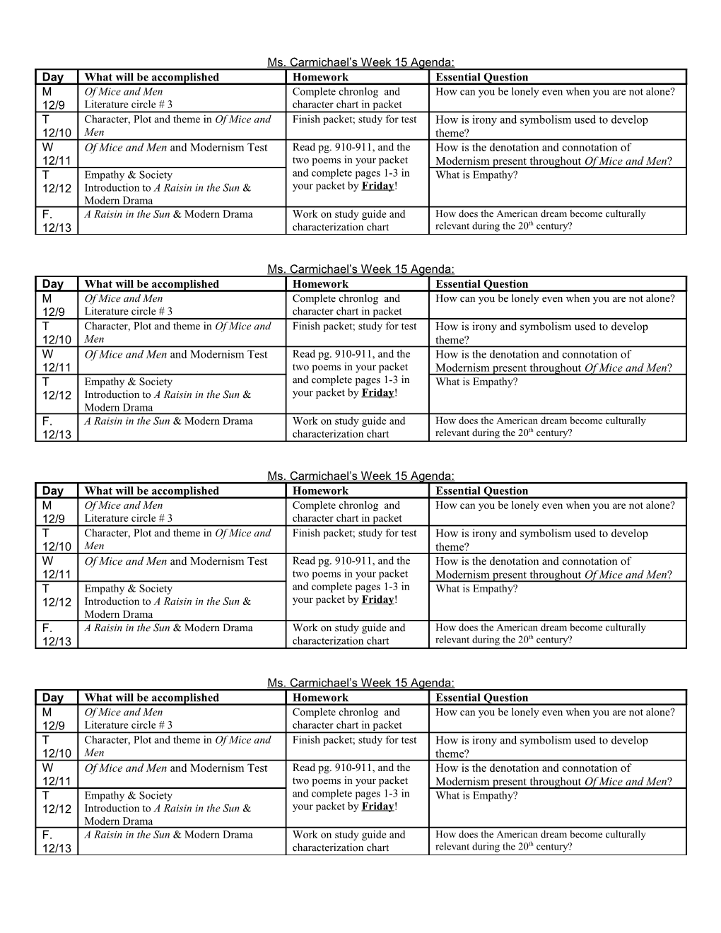 Ms. Carmichael S Week 15 Agenda