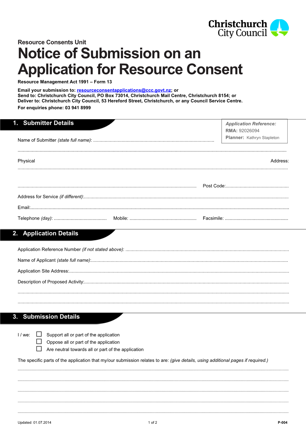 P-004 - Notice of Submission on an Application for Resource Consent