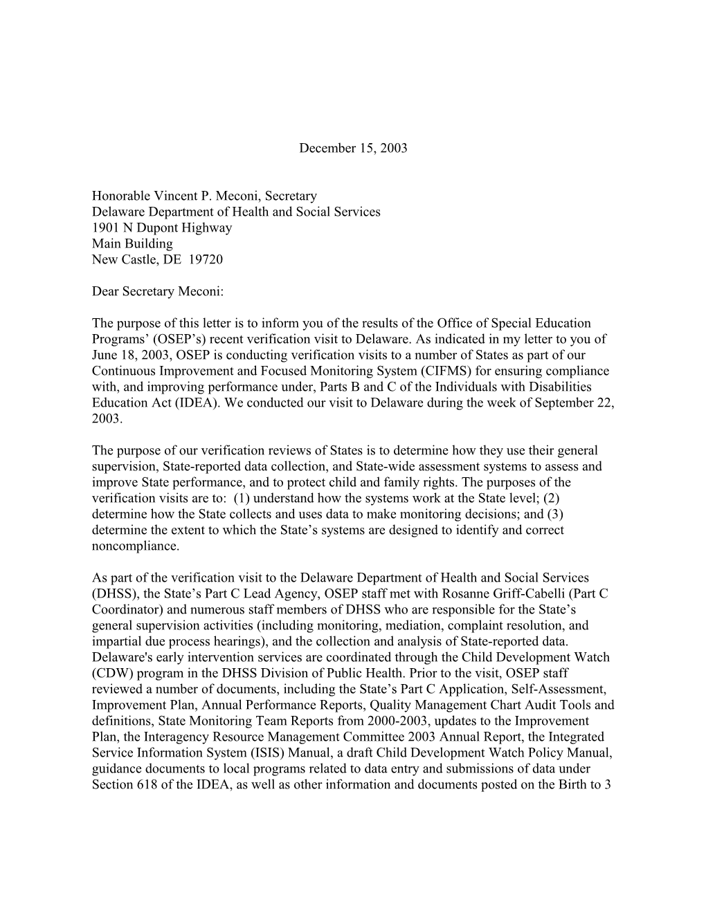 Delaware Part C Verification Visit Letter, Dated December 15, 2003 (MS Word)
