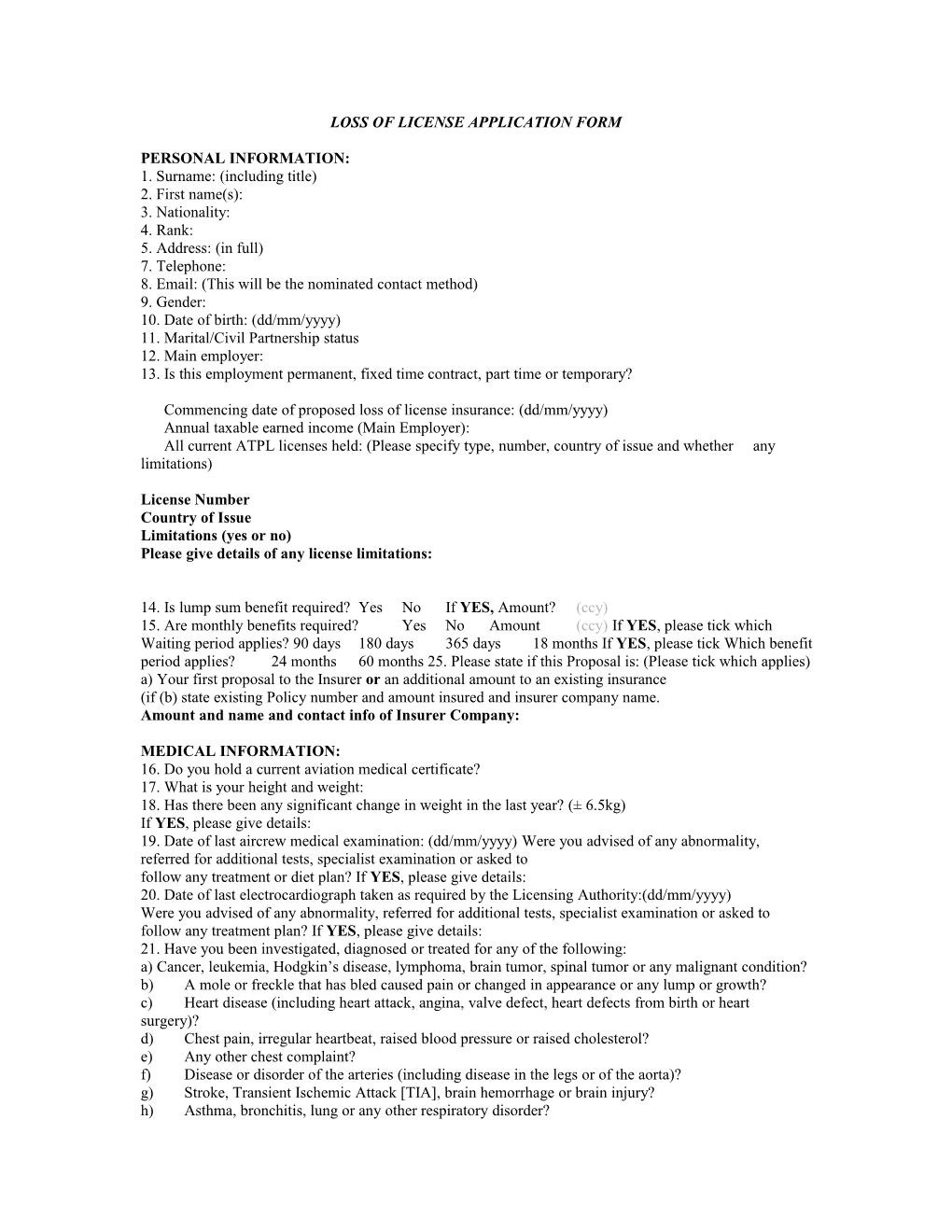 Loss of License Application Form