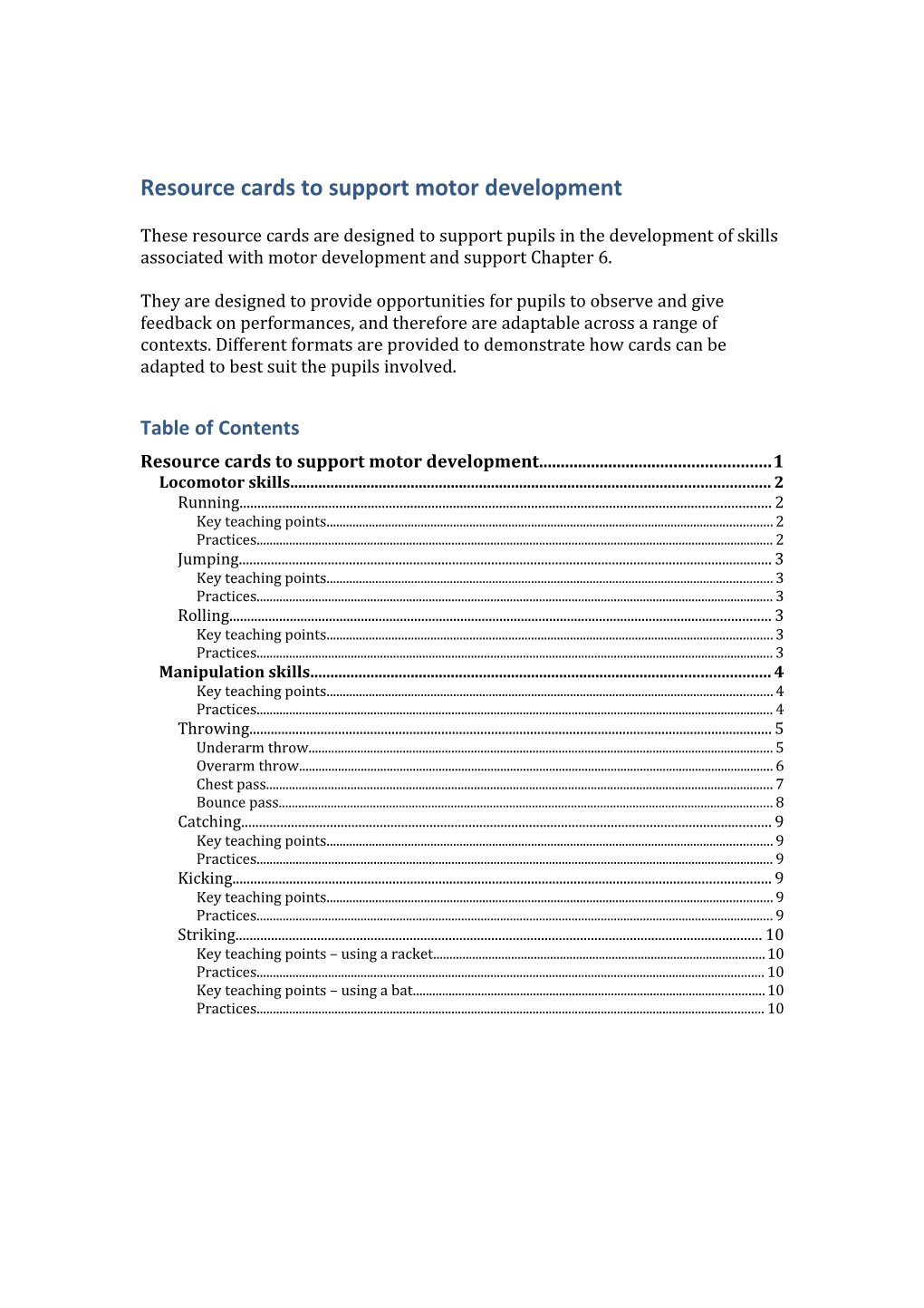 Resource Cards to Support Motor Development