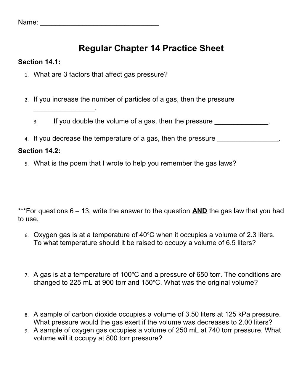 Regular Chapter 14 Practice Sheet