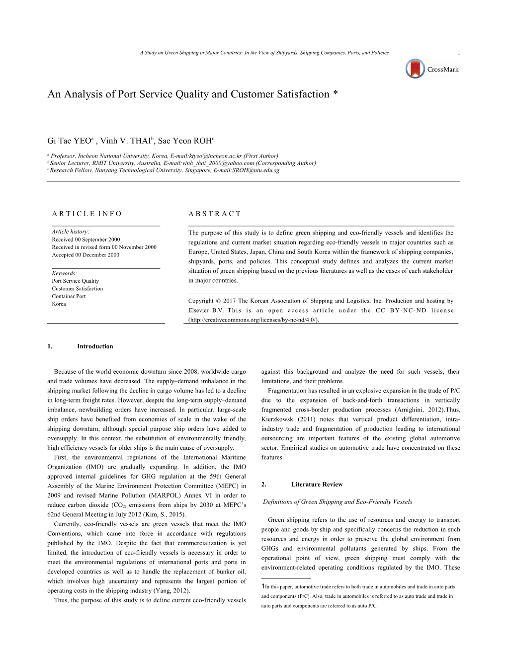 An Analysis of Port Service Quality and Customer Satisfaction*