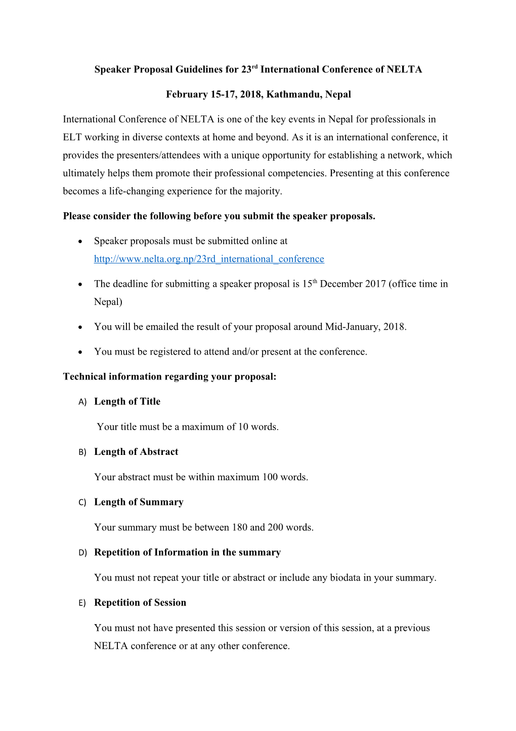 Speaker Proposal Guidelines for 23Rd International Conference of NELTA