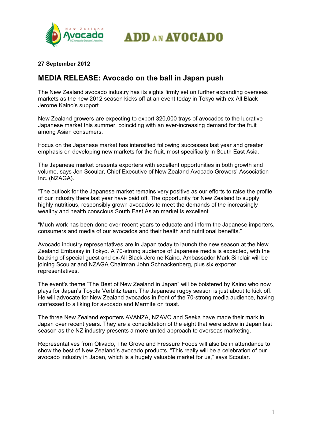 MEDIA RELEASE: Avocado on the Ball in Japan Push