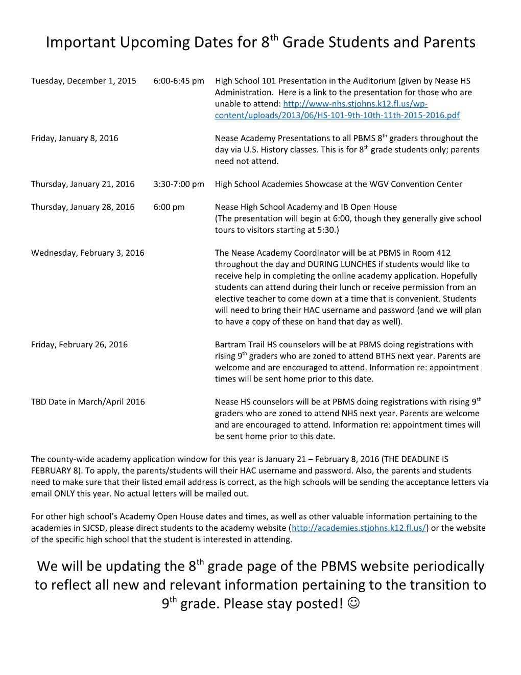 Important Upcoming Dates for 8Th Grade Students and Parents